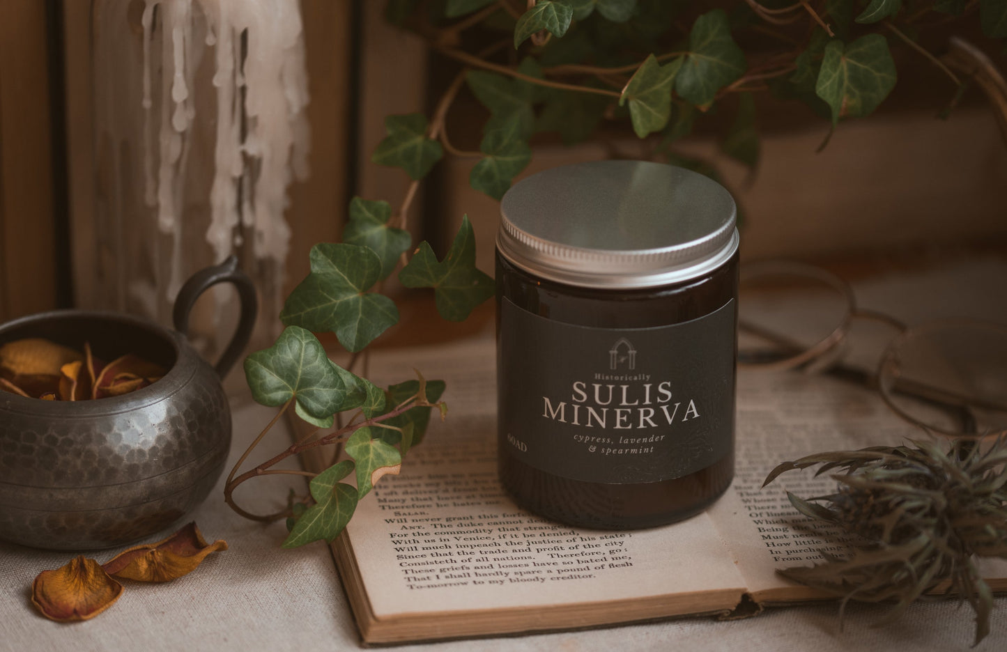 History candle inspired by Roman and Celtic goddess of the Roman Baths; Sulis Minerva